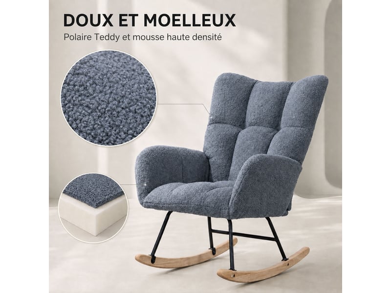 Fauteuil à bascule teddy bleu, fauteuil rocking‑chair ergonomique avec dossier haut et accoudoirs rembourrés, base en bois massif, chaise de relaxation pour salon, chambre et chambre bébé  - Conforama B