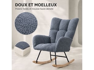 Fauteuil à bascule teddy bleu, fauteuil rocking‑chair ergonomique avec dossier haut et accoudoirs rembourrés, base en bois massif, chaise de relaxation pour salon, chambre et chambre bébé
