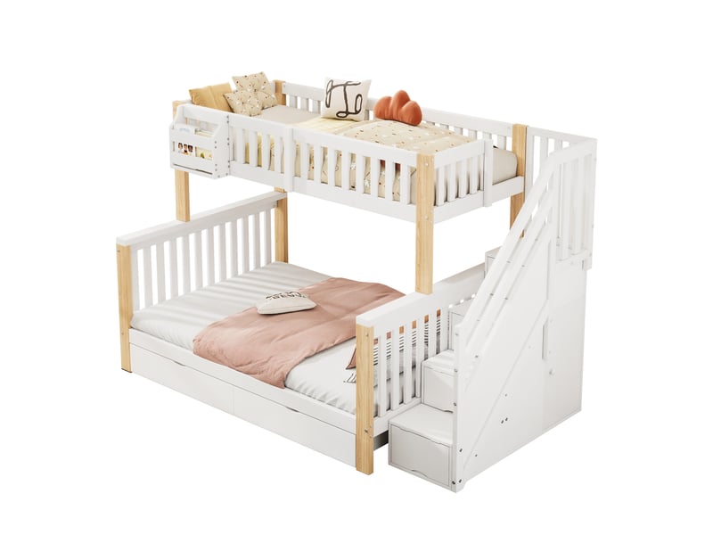  Lit superposé enfant, lit double multifonction avec escalier et rangements, lit enfant blanc et naturel, 90x200 et 140x200 cm.  - Conforama A