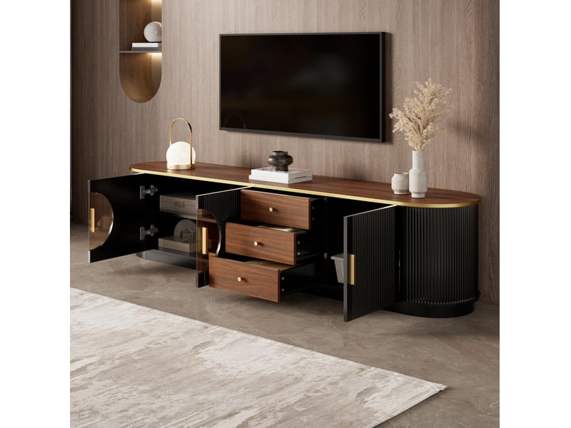 Meuble tv modenvie 180 x 40 x 46 cm 3 tiroirs 3 portes mdf noir verre brun  - Conforama E