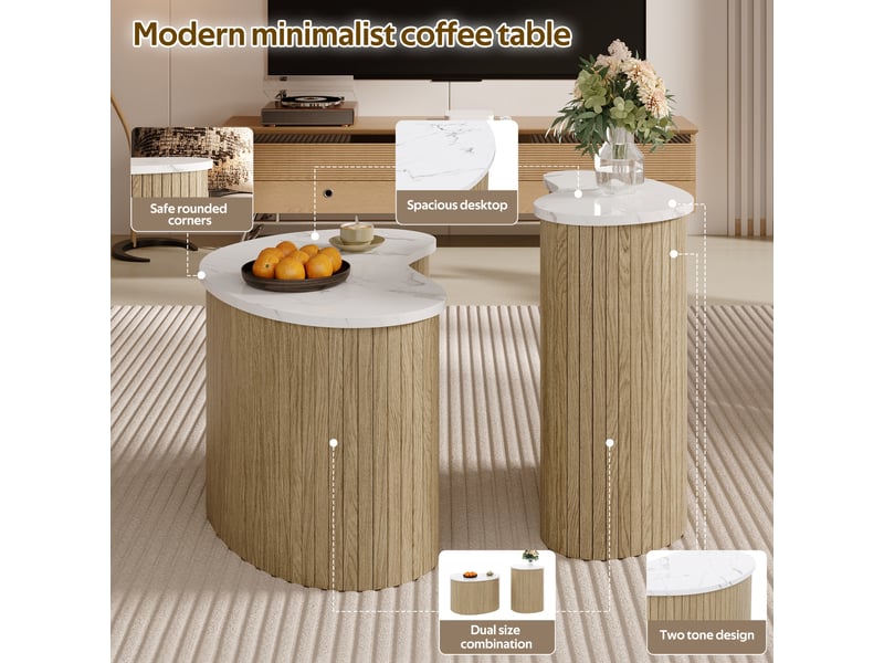  Lot de 2 tables basses 60x37x3840x25x50 cm, forme asymétrique, style scandinave, effet marbre et bois - naturel et blanc  - Conforama D
