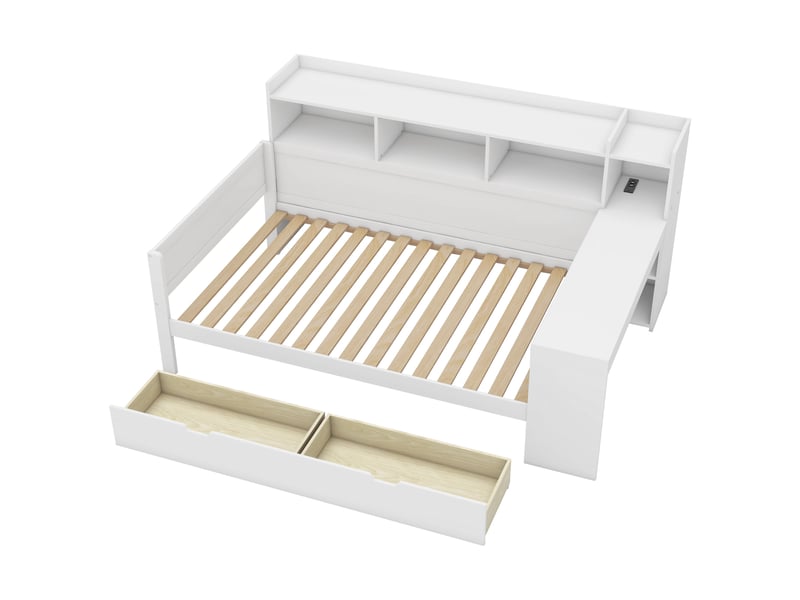  Lit banquette blanc 90x200 cm, bureau, 2 tiroirs, rangements, prise et usb  - Conforama E