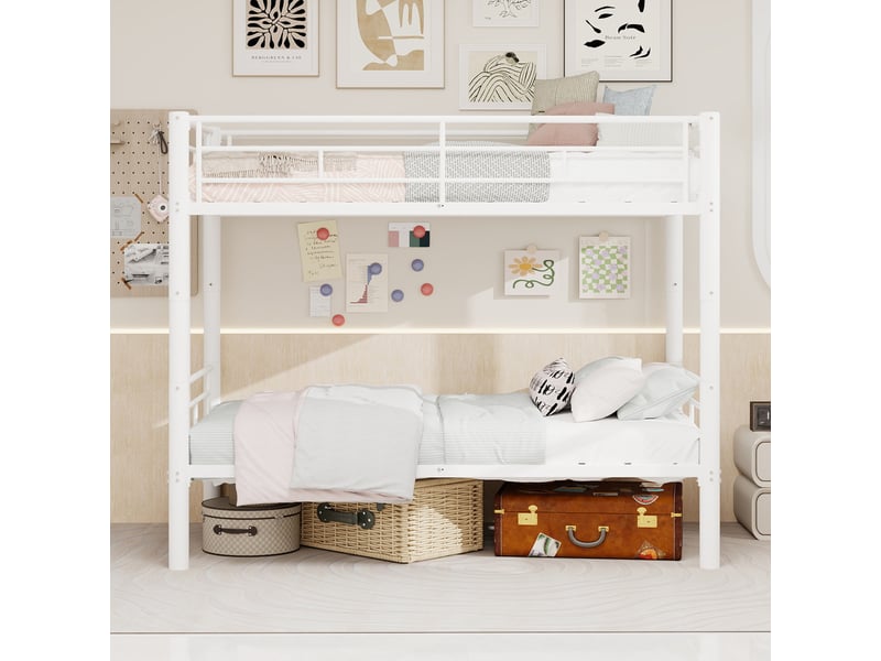  Lit superposé métal 2 x 90 x 190 cm, convertible en 2 lits simples, avec échelle et garde-corps, blanc  - Conforama B