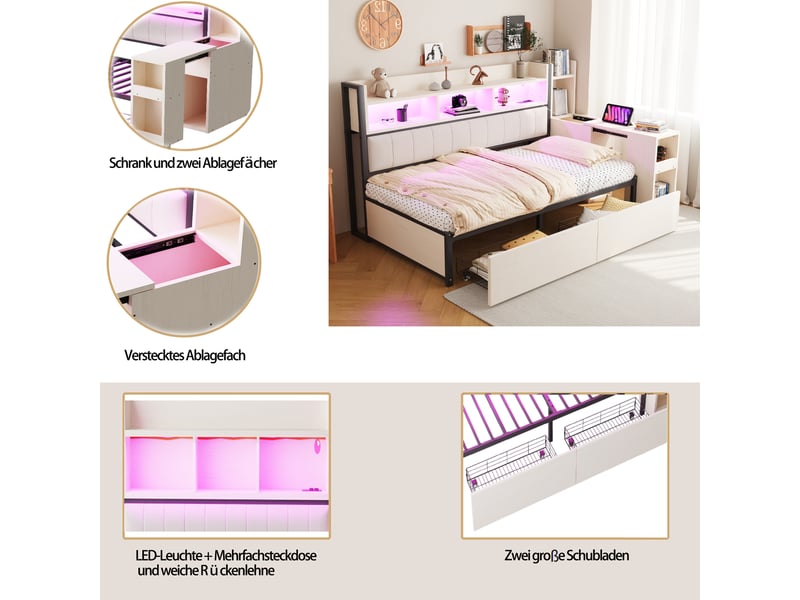  Lit double 140x200 cm en similicuir noir, led intégré, coffre de rangement  - Conforama D
