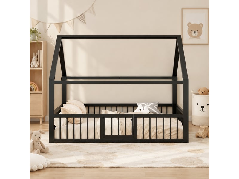  Lit enfant 140x200 cm en métal noir avec toit cabane, barrières et portillon  - Conforama C