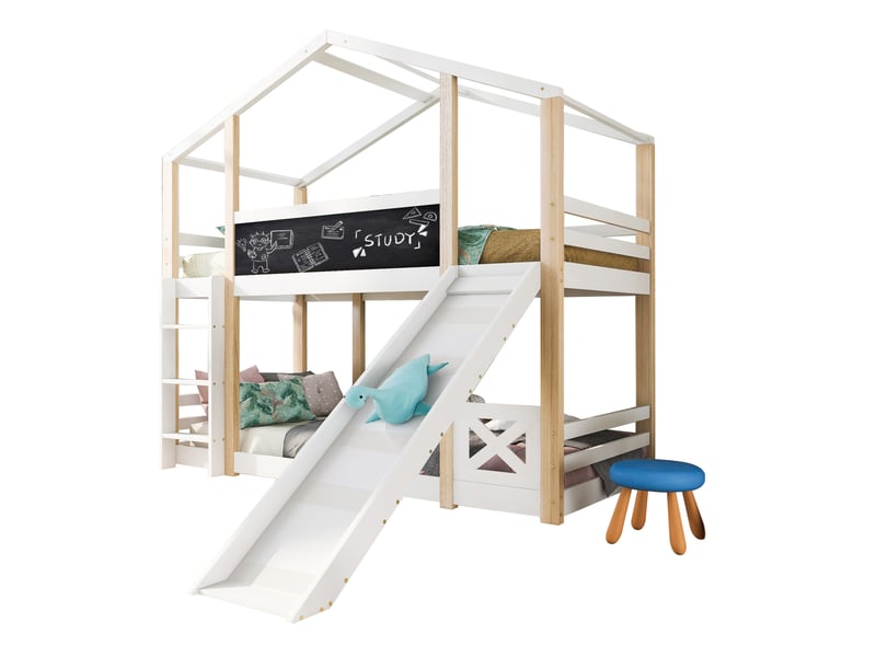  Modenvie lit mezzanine cabane enfant 90x200 cm - avec toboggan amovible et tableau, sans matelas - blanc  - Conforama A