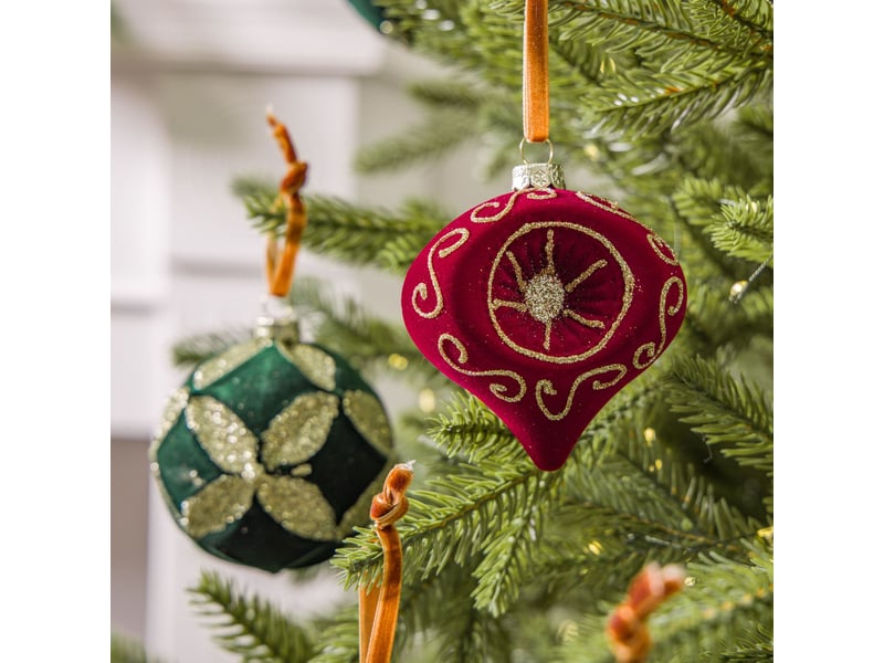  Lot de 16 boules de noël velours bordeaux foncé + vert foncé, 8cm – paillettes dorées, décoration pour sapin et fêtes  - Conforama C