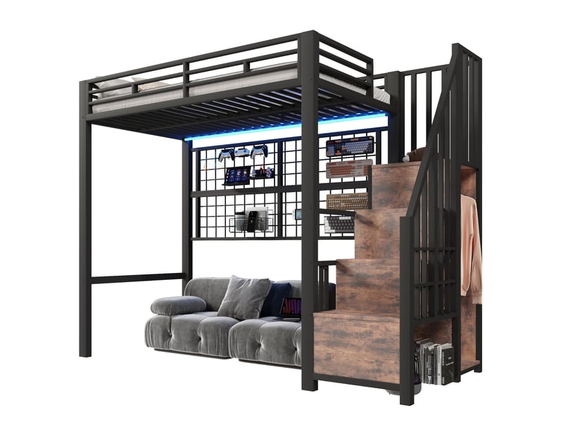  Lit mezzanine 90 x 200 cm en métal avec armoire, escalier de rangement et led noir  - Conforama A