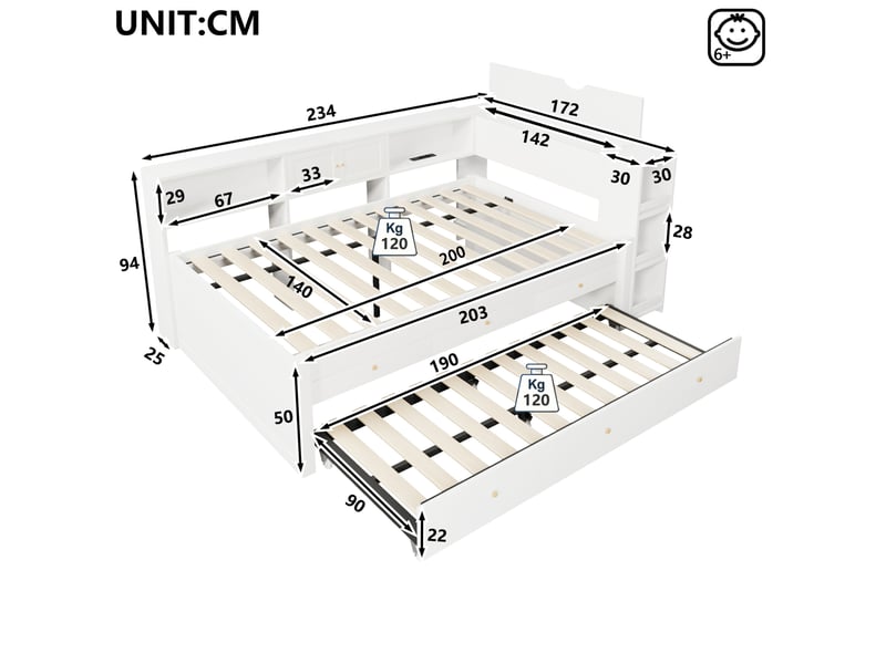  Lit gigogne couchage 140x200 cm fermé, 140x200 + 90x190 cm ouvert, 3 tiroirs usb mdf pin blanc sans matelas  - Conforama C