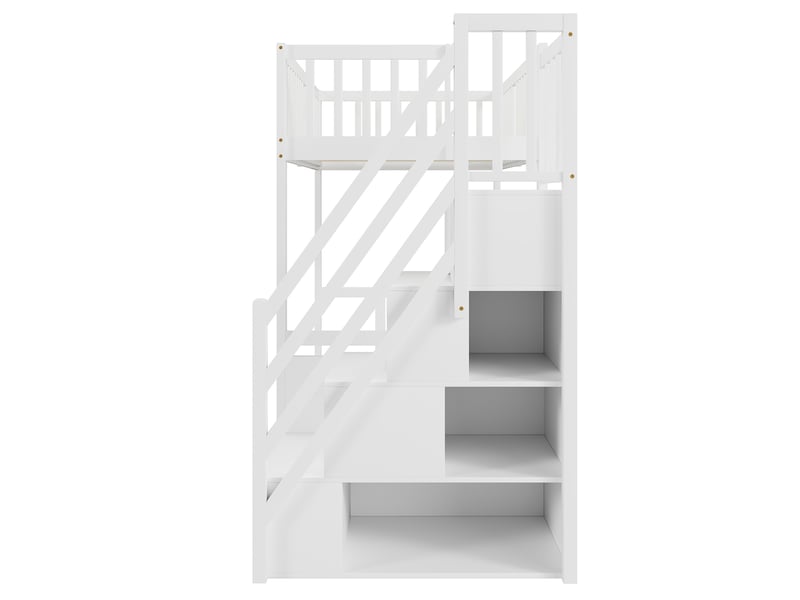  Lit en hauteur, 90x200 cm, couchage en hauteur, avec escalier de rangement, matelas non inclus, bois, coloris blanc  - Conforama E