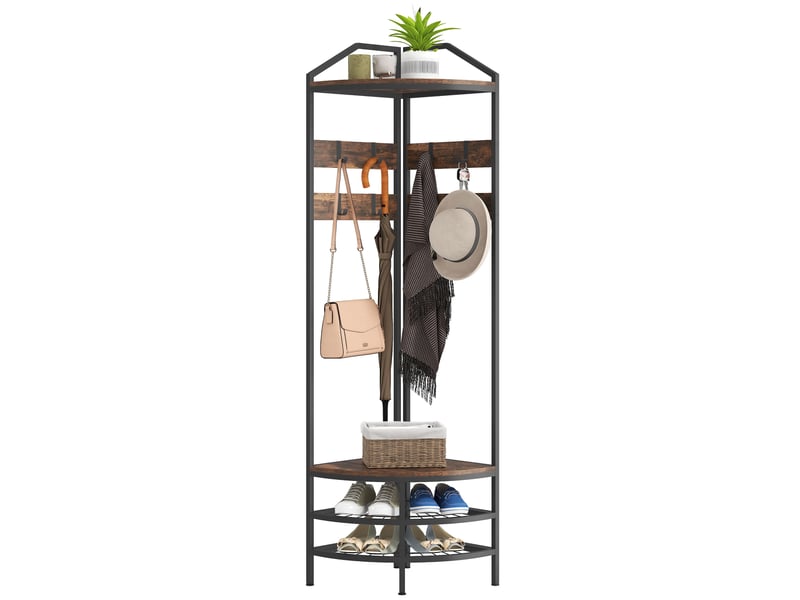 Meuble d'entrée d'angle, vestiaire à 4 niveaux, rangement pour chaussures, 8 patères mobiles, 2 étagères, brun rustique - Conforama A