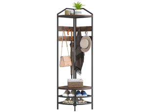 Meuble d'entrée d'angle, vestiaire à 4 niveaux, rangement pour chaussures, 8 patères mobiles, 2 étagères, brun rustique