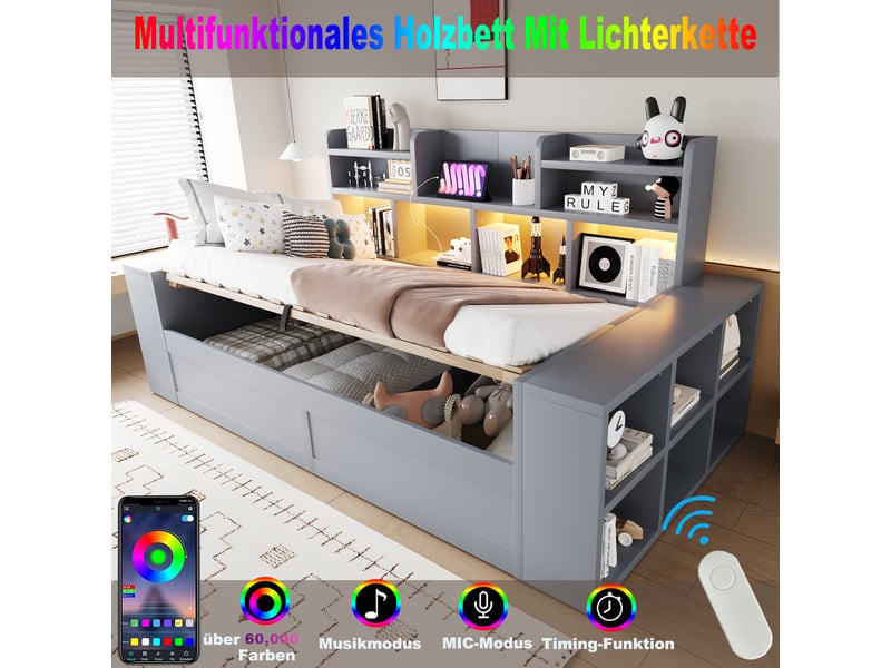  Lit banquette simple 90×200 cm avec coffre hydraulique, led et prises - okmyhome- gris, sans matelas  - Conforama E