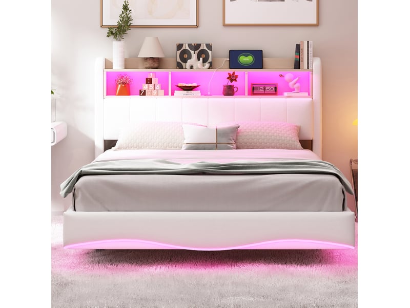  Lit capitonné 140x200 cm avec design suspendu, led, usb, type-c, rangement et tête de lit, tissu beige, sans matelas  - Conforama E