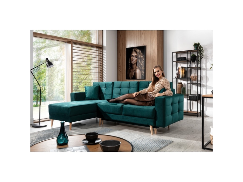  Canapé d'angle convertible hasgard 3 places vert foncé 248x162 cm – coffre et pieds bois  - Conforama E