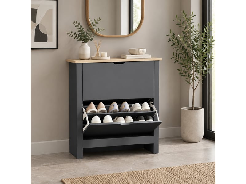  Meuble à chaussures 72 x 26 x 80 cm en panneaux de particules avec 2 compartiments rabattables gris foncé chicfurn  - Conforama C