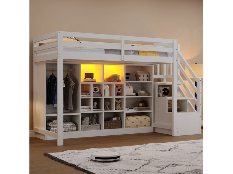 Lit mezzanine 90 x 200 cm avec rangement, armoire, escalier et led, blanc - Conforama E