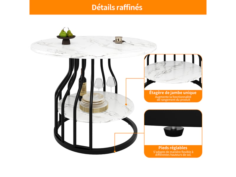  Table ronde 80x80x76 cm avec rangement inférieur, plateau mdf motif marbre et pieds réglables, noir  - Conforama E