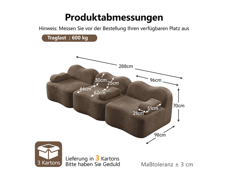 Canapé modulable 3 places en velours marron, canapé sans cadre en mousse haute densité, assise profonde pour salon  - Conforama B