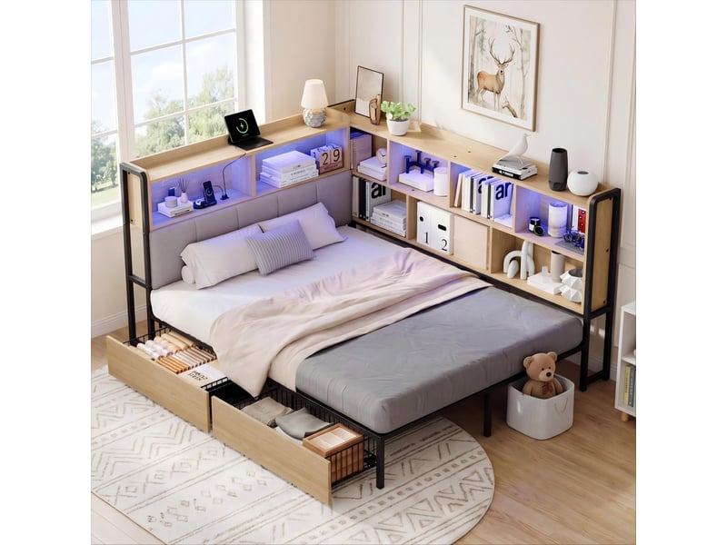 Lit double 140x200 cm avec led et 2 tiroirs, lit enfant avec usb et usb-c et tête de lit rangement, naturel - Conforama B