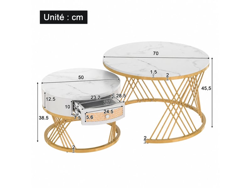  Ensemble de 2 tables basses rondes avec tiroir, blanc et doré, ø 70 et 50 cm  - Conforama C