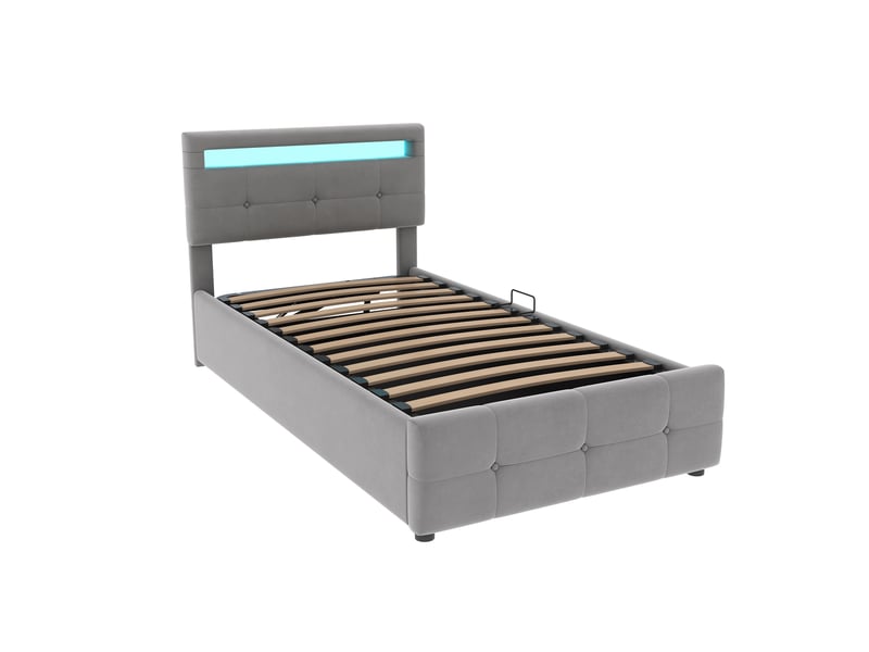  Lit coffre 90x200 cm avec led et tête réglable, velours, gris, sans matelas  - Conforama R