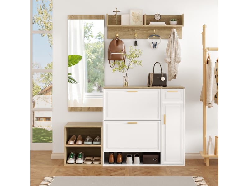  Meubles d'entrée avec meuble à chaussures, banc, patère et miroir pour entrée en bois blanc et naturel 139,5 × 35 × 166 cm  - Conforama E