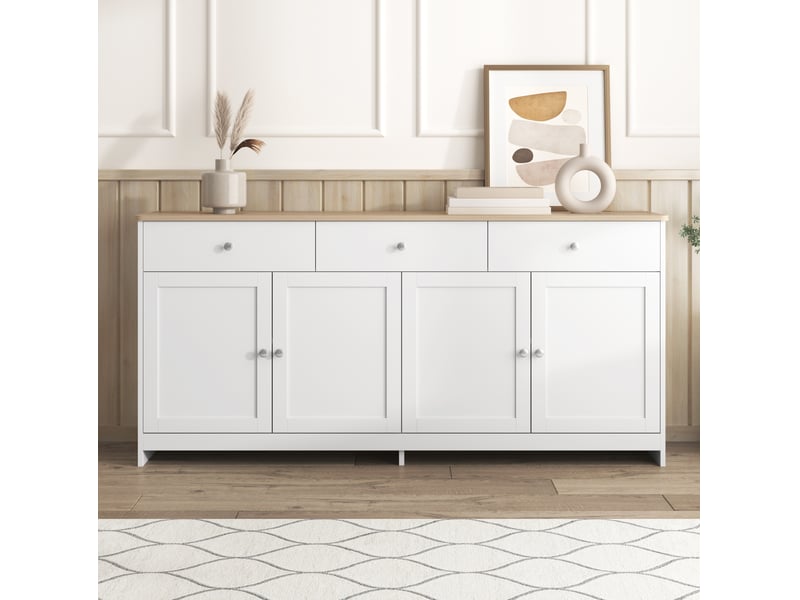  Buffet 160x37x75 cm, 3 tiroirs et 4 portes, rangement réglable, style campagne, pour cuisine, effet bois, mdf blanc  - Conforama D
