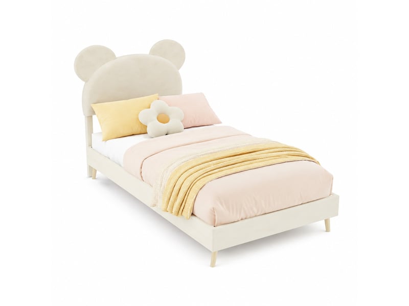  Lit pour enfant, 90x200 cm, lit simple avec tête de lit dessin animé, matelas non inclus, tissu et métal, coloris beige  - Conforama A