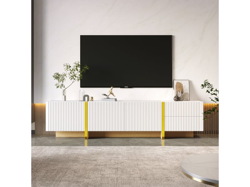  Meuble tv 190 cm en blanc et bois – 3 portes, 2 tiroirs – design élégant  - Conforama B