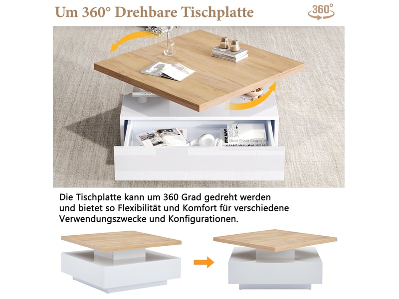  Table basse carrée pivotante 360° – blanc brillant et décor noyer – 70 x 70 x 36 cm  - Conforama E