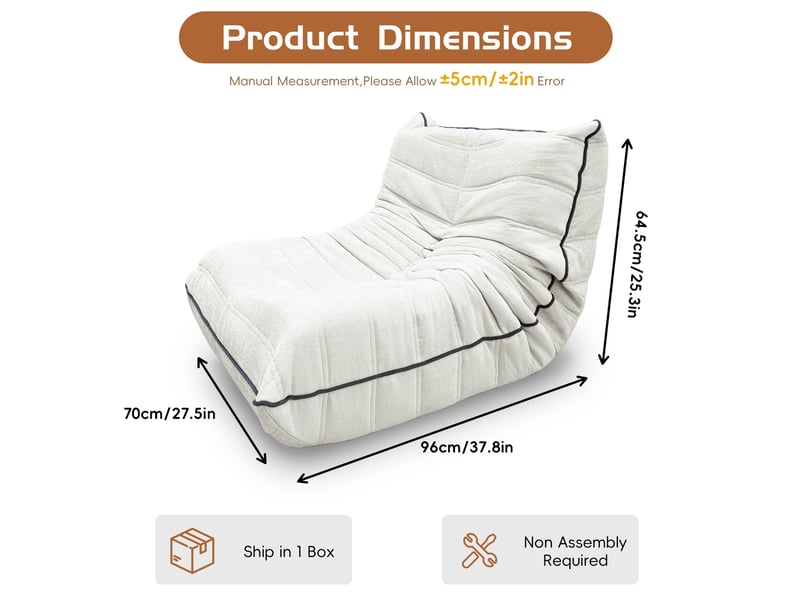 Fauteuil pouf au sol avec dossier ergonomique et garnissage résilient en tissu blanc, 70 × 96 × 64,5 cm - Conforama C