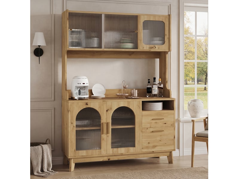  Buffet haut avec 6 portes, 1 tiroir, 2 prises et ports usb pour salle à manger en panneau de particules bois clair  - Conforama D