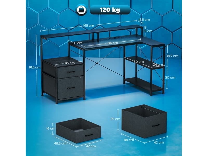  Bureau gaming l-forme avec led et prises électriques, support double moniteur, 165x80x91,5 cm, finition bois noir  - Conforama C