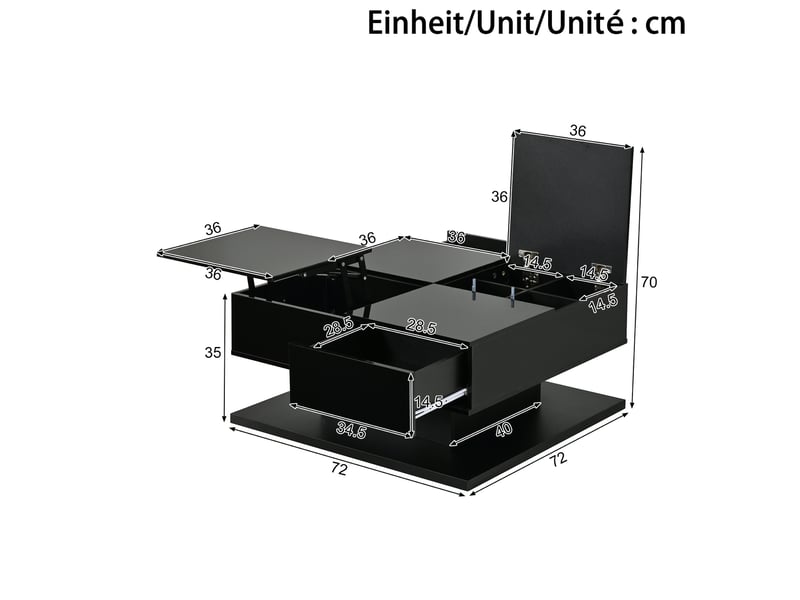  Table basse relevable 72x72x35 cm, tiroirs, plateau à abattant, led app, finition haut‑brillante, mdf, noire  - Conforama C