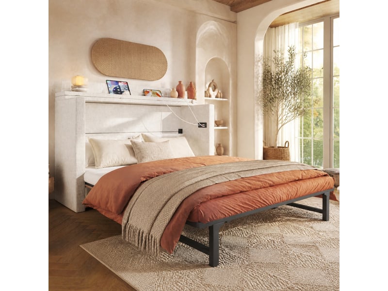  Lit escamotable 140 x 200 cm beige en lin avec tiroir, usb et type-c  - Conforama B