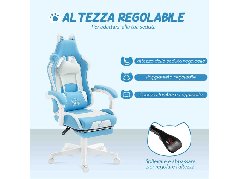  Chaise de bureau gaming bleue et blanche, chaise gaming avec repose-pieds intégré, dossier inclinable  - Conforama R