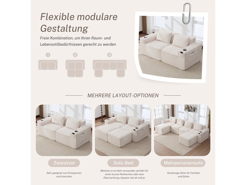  Canapé modulable 2 places – canapé en velours côtelé, assise profonde, porte-gobelets intégrés, poches latérales, ressorts et mousse haute densité, coussins inclus, beige  - Conforama E
