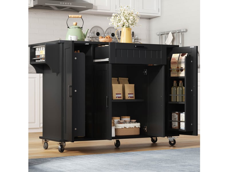  Îlot meuble cuisine 120x45(70)x95 cm pliant plateau extensible 120x70 cm 4 portes 1 tiroir rangements roulettes mdf noir  - Conforama D
