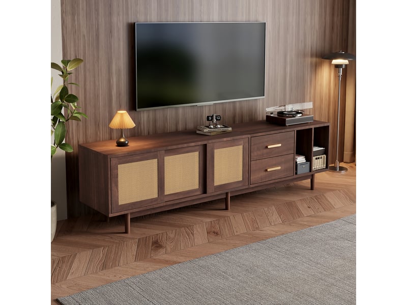  Meuble tv 190 cm pour écran 75 pouces, meuble tv en mdf marron et rotin avec 2 tiroirs, 3 portes et rangements ouverts  - Conforama D