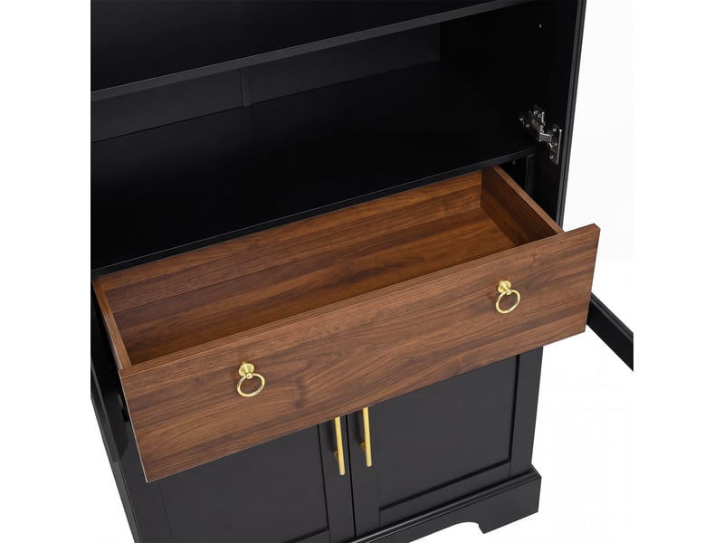  Vitrine à grande forme cintrée, 76 x 40 x 180 cm, avec éclairage led, 4 portes et 1 tiroir, façade vitrée, coloris noir  - Conforama E