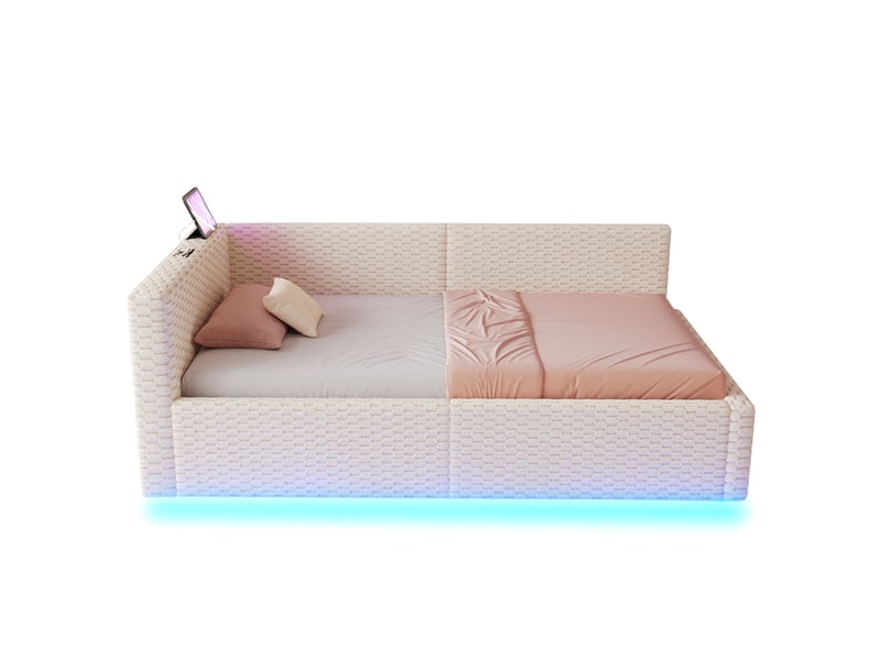  Lit rembourré 90 x 200 cm, coloris beige, éclairage led, prises usb et type-c, sans matelas.  - Conforama A