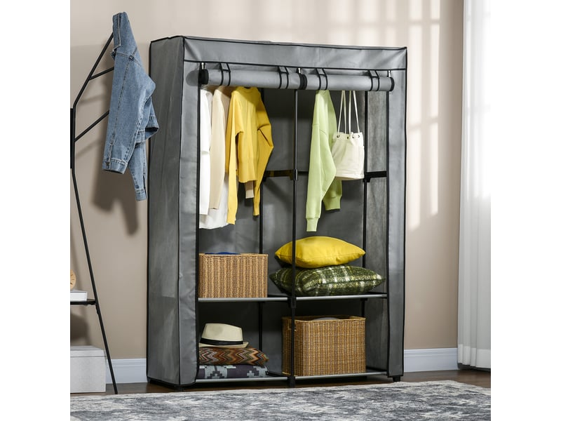  Armoire en tissu, solution de rangement, 4 étagères, 2 tringles, grise  - Conforama B