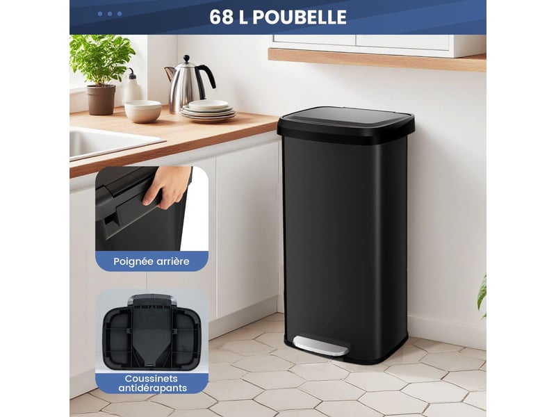 Poubelle cuisine 68 l acier inox, pédale amortisseur, casier pour désodorisant, fermeture douce (noir)  - Conforama C