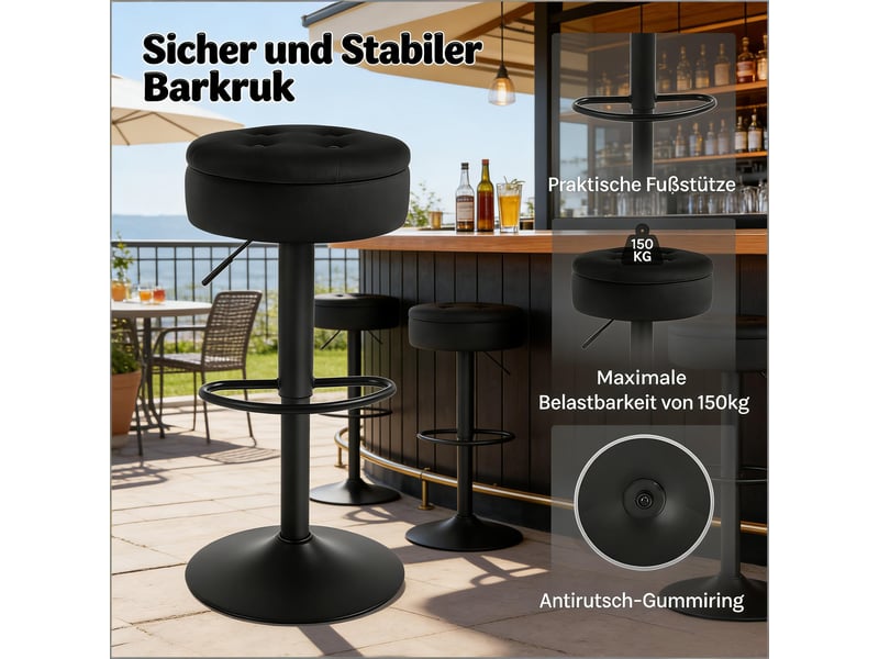  Tabouret de bar pivotant réglable avec rangement - lpospi - assise rembourrée, repose-pieds, métal et velours noir  - Conforama E