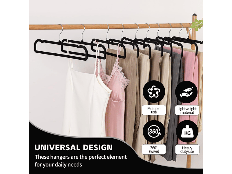Lot de 10 cintres antidérapants en velours, longueur 35 cm, crochet pivotant à 360 degrés, gain de place, pour pantalons, jeans, foulards, robes, noir - Conforama E
