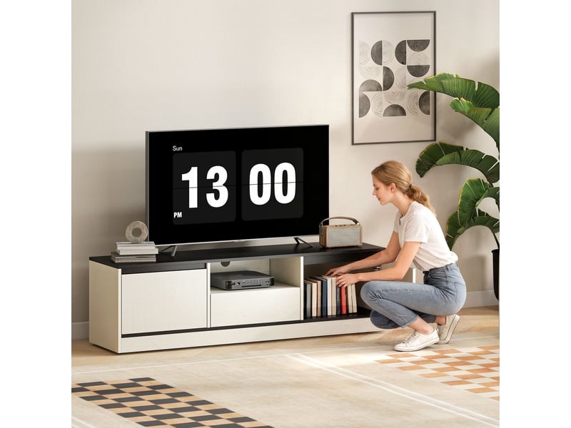  Meuble tv 140cm design effet bois noir et blanc 2 portes tiroir niche  - Conforama D