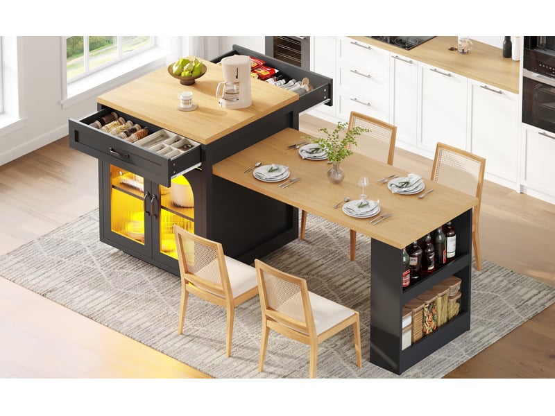  Îlot de cuisine extensible 126–196 cm avec éclairage led rgb, 2 tiroirs, étagère réglable, portes en verre cannelé, finition imitation bois 100 - Conforama R