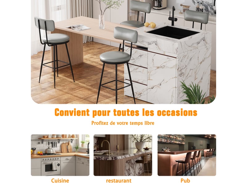 Tabourets de bar lot de 4,chaise de cuisine haute,assise rembourrée, pu, pieds en métal,hauteur d'assise 65 cm, gris - Conforama R