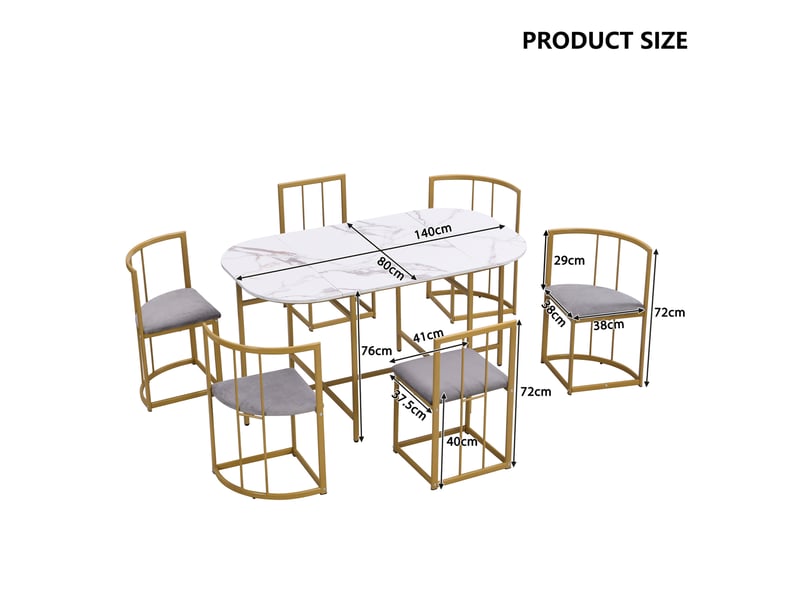  Ensemble table et 6 chaises moderne blanc, coussins gris en velours et structure métallique dorée, pour repas à six  - Conforama C